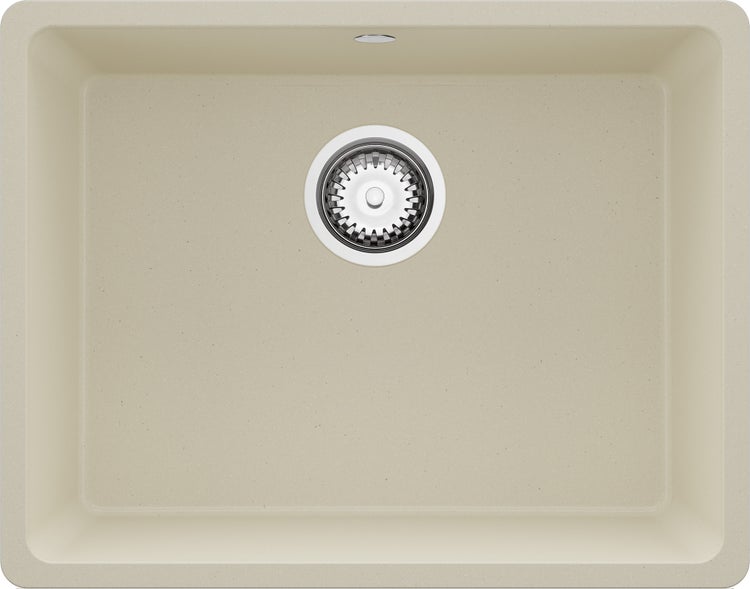 Beige Küchenspüle aus Verbundwerkstoff mit Siebkorbventil