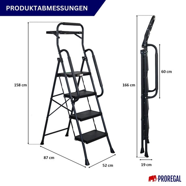 Produktdarstellung einer Trittleiter mit vier Stufen und Produktabmessungen