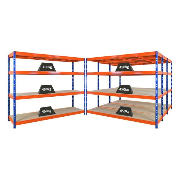 PROREGAL Mega Deal 4x Profi Schwerlastregal Rhino, HxBxT 180x240x60cm, 4 Spanplatten-Ebenen 8mm, Fachlast 450kg, Blau/Orange