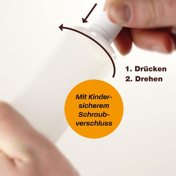 Anleitung für kindersicheren Schraubverschluss: Drücken und zum Öffnen drehen.