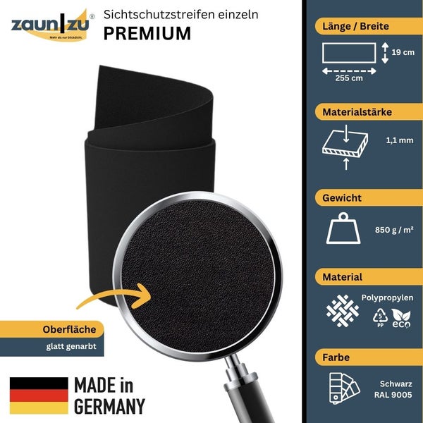 Zaun zu Premium Sichtschutzstreifen einzeln, Laenge 255 cm, Breite 19 cm, Materialstaerke 1,1 mm, Gewicht 850 g/m2, Polypropylen, Farbe Schwarz RAL 9005