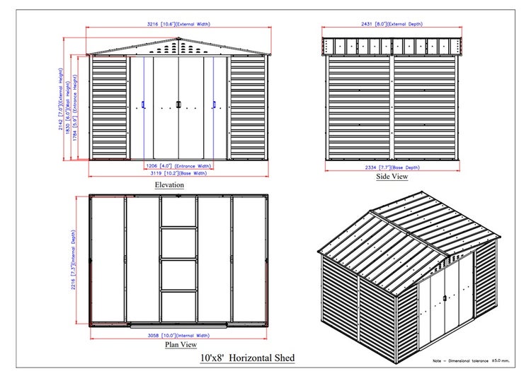 Technische Zeichnung eines 10 mal 8 horizontalen Gartenhauses mit Maßen für Höhe, Breite und Tiefe in Vorderansicht, Seitenansicht und Grundriss.