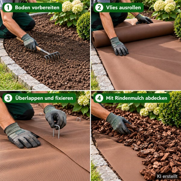 Anleitung zur Verlegung von Unkrautvlies im Garten in vier Schritten: Boden vorbereiten, Vlies ausrollen, überlappen und fixieren, mit Mulch bedecken.