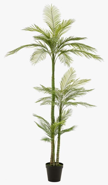 Künstliche Palme mit grünen Blattwedeln und strukturiertem Stamm.