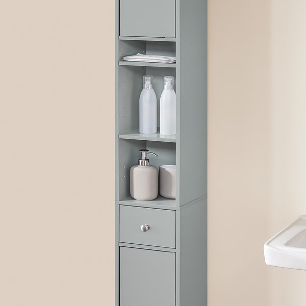 Schmaler grauer Badschrank mit Regalen und Schubladen zur Badezimmeraufbewahrung.