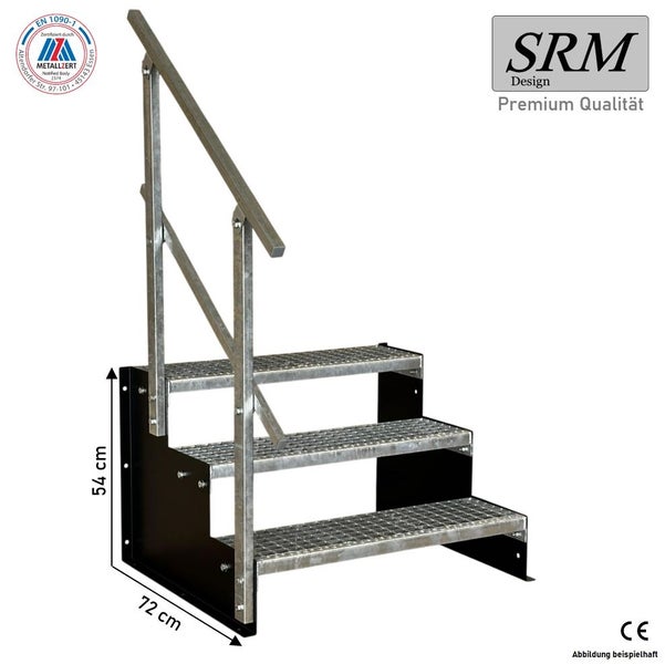 Metall-Außentreppe mit 3 Gitterroststufen und Handlauf, Höhe 54 Zentimeter, Tiefe 72 Zentimeter, SRM Design Logo.