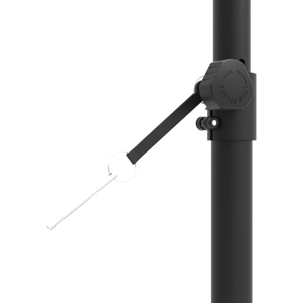 Nahaufnahme eines Verstellmechanismus an einem Sonnenschirmmast mit einem Drehknopf zum Arretieren und Lösen sowie einem Hebel.