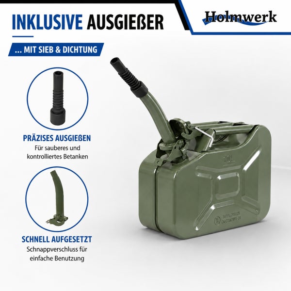 Kraftstoffkanister aus Metall mit zehn Litern Fassungsvermögen inklusive Ausgießer mit Sieb und Dichtung sowie Holmwerk Logo.