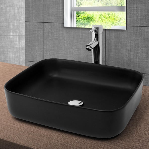 ML-Design Waschbecken aus Keramik in Schwarz matt 51x40,5x13,5 cm inkl. Ablaufgarnitur Silber, Moderne Aufsatzwaschbecken, Waschtisch Waschschale Waschplatz Handwaschbecken, für Badezimmer/Gäste-WC