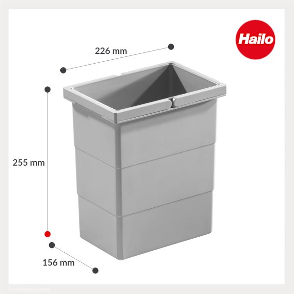 Grauer Hailo Mülleimer mit Abmessungen: Breite 226 Millimeter, Höhe 255 Millimeter, Tiefe 156 Millimeter. Hailo Logo.