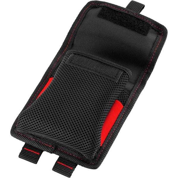 Schwarze Werkzeugtasche aus robustem Gewebe mit Netzvorderseite, roten Akzenten und Klettverschluss.