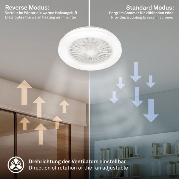 Deckenventilator mit einstellbarer Drehrichtung zur Verteilung warmer Heizungsluft im Winter und zur Erzeugung einer kühlenden Brise im Sommer.