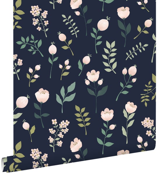 ESTAhome Tapete Blumen Dunkelblau, Rosa und Grün - 0,53 x 10,05 m - 139341