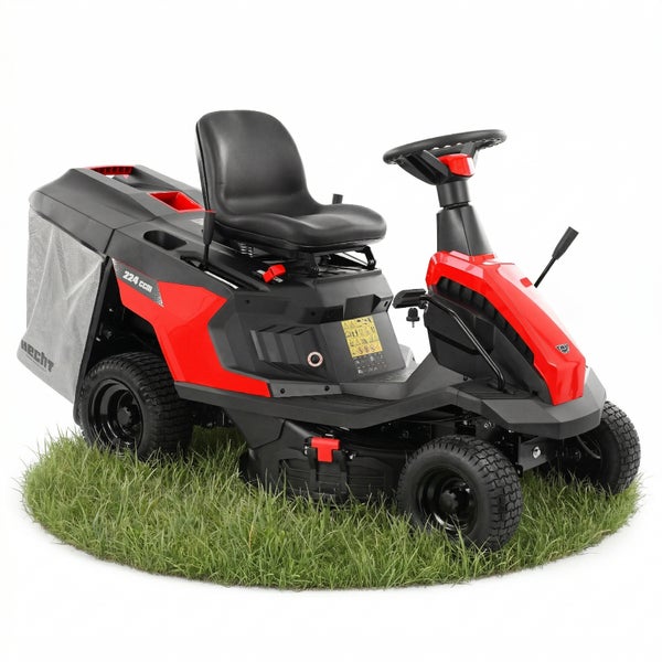 Hecht Rasentraktor mit 224 Kubikzentimeter Hubraum, Grasfangkorb und Fahrersitz, rot-schwarzes Gehäuse auf Grasfläche.