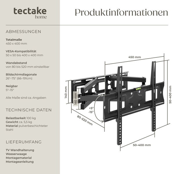 Tectake TV Wandhalterung mit Produktinformationen und Maßangaben