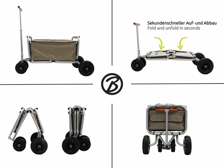 Mehrfachansicht eines faltbaren Bollerwagens mit Rädern
