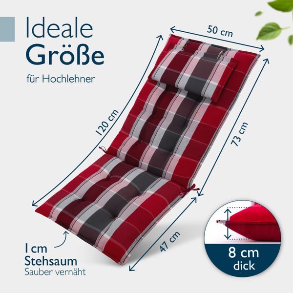 Gartenstuhlauflage mit den Massen 50 x 120 x 73 x 47 cm und einer Dicke von 8 cm