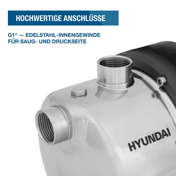 Hyundai Logo auf einer Wasserpumpe mit Anschlüssen aus Edelstahl. G 1 Zoll Innengewinde für die Saugseite und Druckseite.