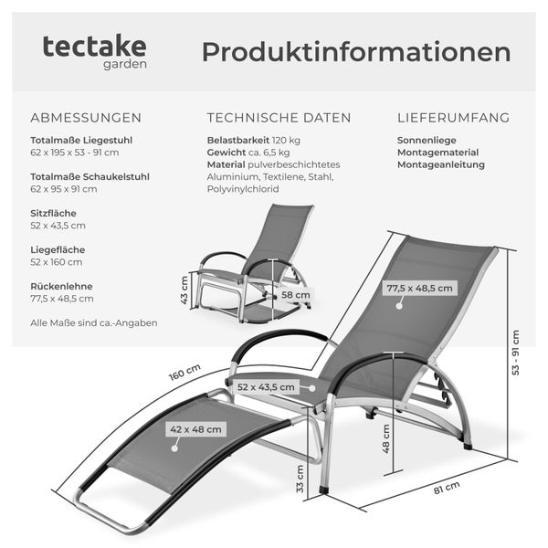tectake Logo mit Produktinformationen und technischen Zeichnungen der Gartenliege und des Schaukelstuhls mit Maßangaben und Lieferumfang.