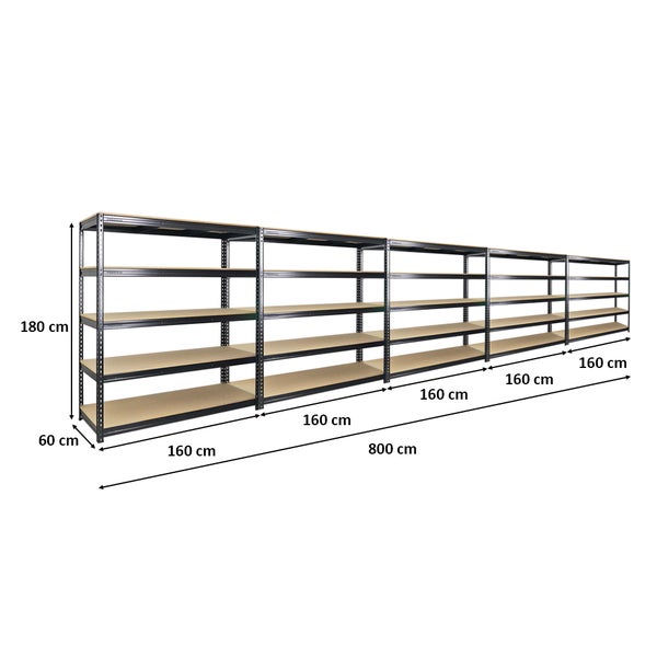 PROREGAL Mega Deal 5x Profi Schwerlastregal Bison HxBxT 200 x 180 x 60 cm 5 Fachböden Fachlast 600 kg Schwarz