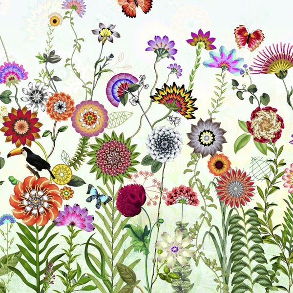 Blumenmuster mit Pflanzen, einem Tukan und Schmetterlingen