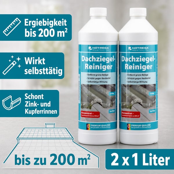 Zwei Flaschen Hotrega Dachziegelreiniger Konzentrat, insgesamt zwei Liter, reicht für bis zu 200 Quadratmeter, wirkt selbsttätig und schont Metalle.