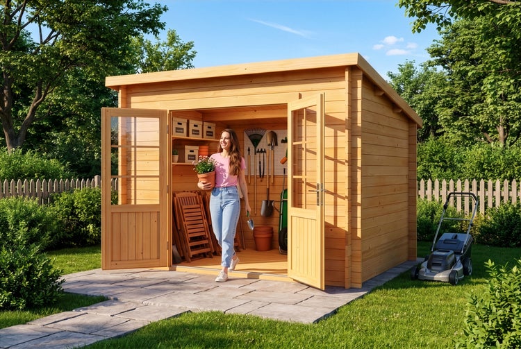 Helles Gartenhaus aus Holz mit geöffneter Doppeltür, innen Gartenwerkzeug und Klappstühle, Person mit Pflanze davor, Rasenmäher im Garten.