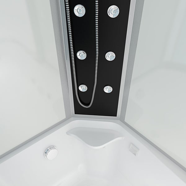 Duschpaneel mit sechs Massagedüsen und Brauseschlauch in einer Eckdusche mit integrierter Sitzfläche.