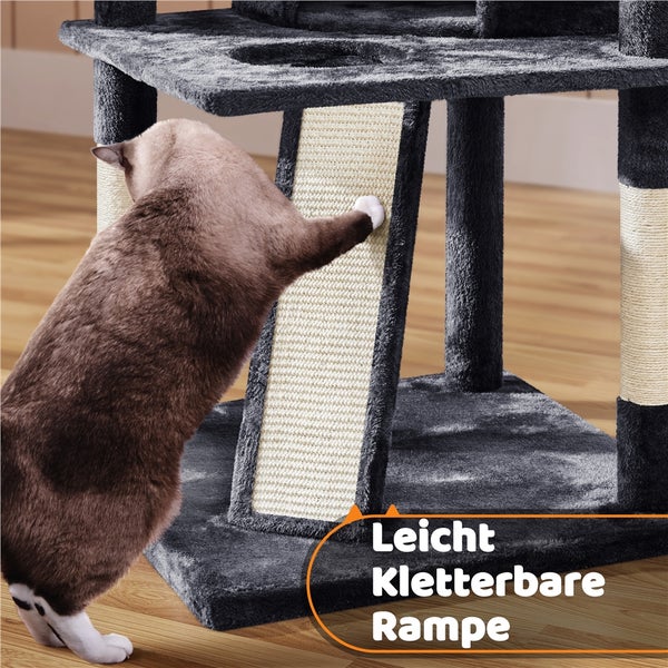 Katze benutzt einen Katzenkratzbaum mit Rampe.