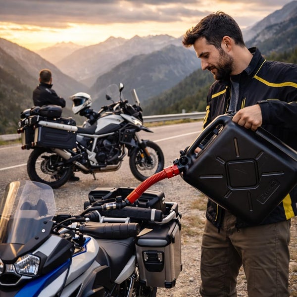 Mann füllt Kraftstoff aus einem Kanister in ein Motorrad auf einer Bergstraße.