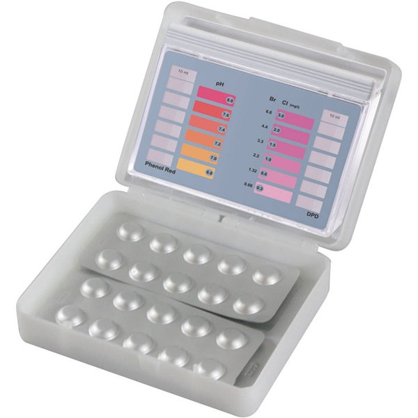 Pooltester-Set zur Analyse von pH-Wert, Brom und Chlor mit Skala und Tabletten in Kunststoffbox.
