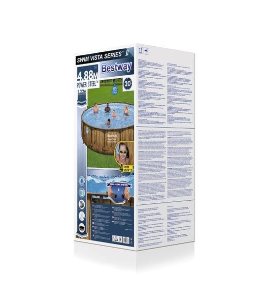 Verpackung eines Bestway Swim Vista Series II Power Steel Frame Pool mit 4,88 Meter Durchmesser und 1,22 Meter Höhe