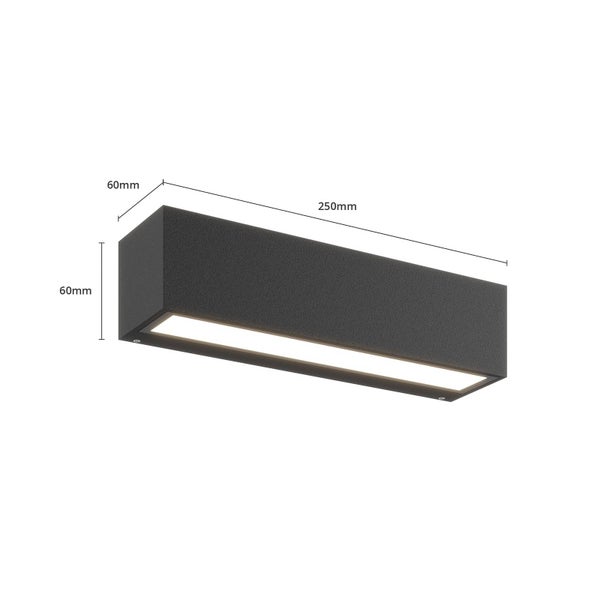 Rechteckige LED-Wandleuchte in Anthrazit mit den Maßen 250 Millimeter Länge, 60 Millimeter Höhe und 60 Millimeter Tiefe.