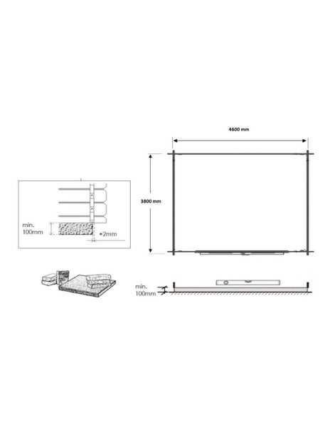 Maßzeichnung eines Gartenhauses mit Außenmaßen 4600 mal 3800 Millimeter und Hinweisen zum Fundamentaufbau mit mindestens 100 Millimeter Höhe.