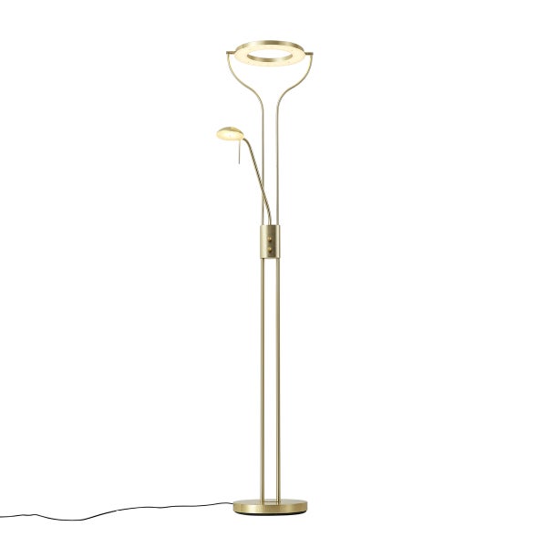 Stehlampe mit runder Hauptleuchte und zusätzlicher Leselampe