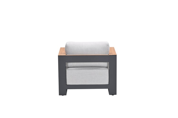 Moderner Garten-Lounge-Sessel mit dunklem Metallgestell, Holzelementen an den Armlehnen und hellgrauen Kissen in der Rückansicht.