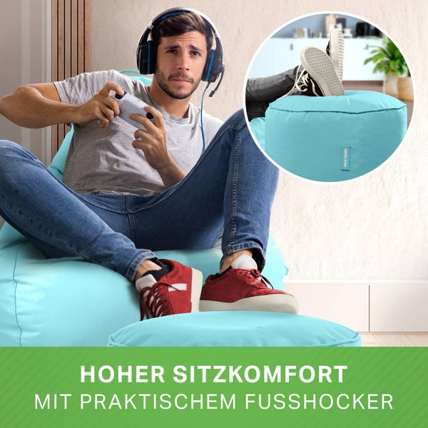 Green Bean 2er Set Sitzsack + Hocker - fertig befüllt - robust waschbar schmutzabweisend - Kinder & Erwachsene Bean Bag Bodenkissen Lounge Sitzhocker Relax-Sessel Gamer Gamingstuhl Pouf - Aquamarin