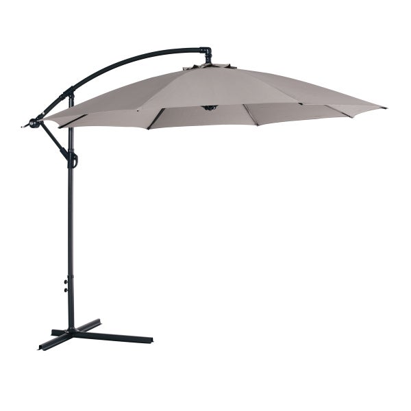 Grauer Ampelschirm mit schwarzem Gestell und Kreuzfuß für Garten oder Terrasse.