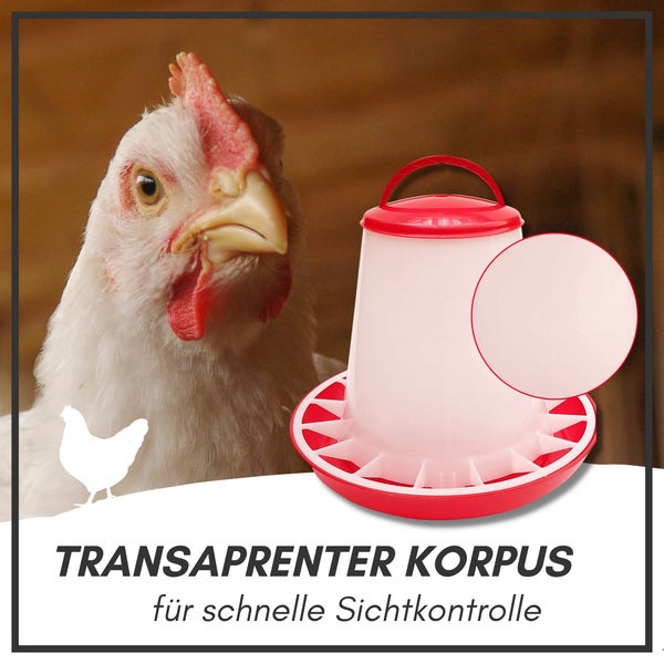 Geflügel-Futterautomat mit transparentem Korpus für schnelle Sichtkontrolle des Futterstands neben einem Huhn.