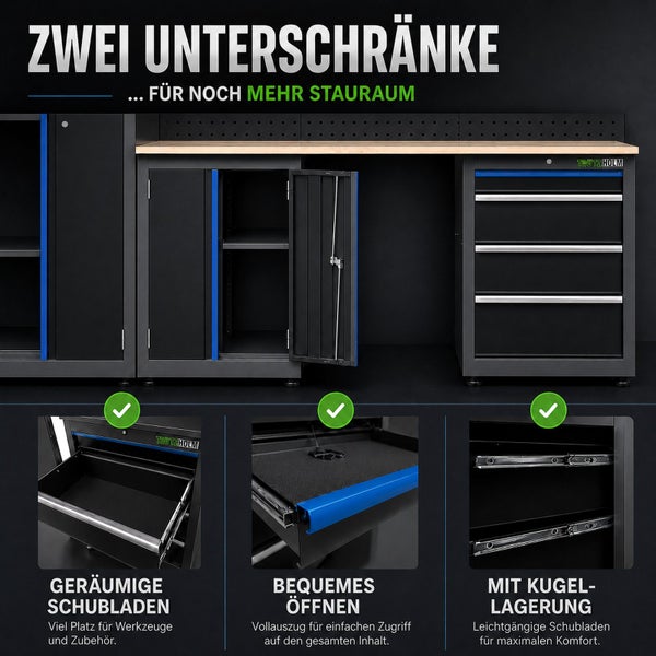Trutzholm Werkbank Set mit zwei Unterschränken, geräumigen Schubladen mit Kugellagerung und Vollauszug für Werkstatt.