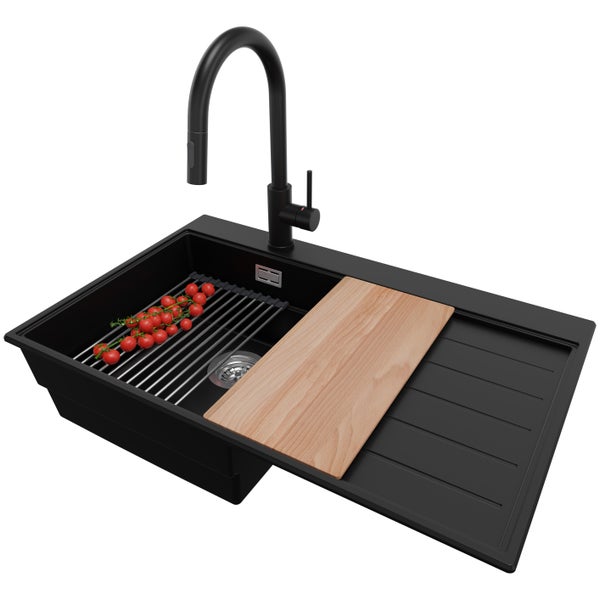 PRIMAGRAN Granitspüle Schwarz 78x50cm, Spülbecken 1 Becken + Küchenarmatur 40x20cm + Ablauf-Set + Küchenzubehörset, Küchenspüle ab 45er Unterschrank - Sydney
