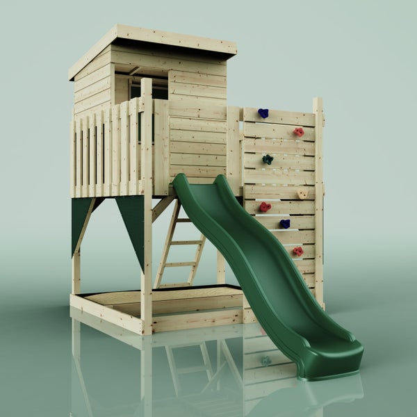 Spielturm aus Holz für Kinder mit Rutsche, Kletterwand mit bunten Klettersteinen, Leiter und integriertem Sandkasten.