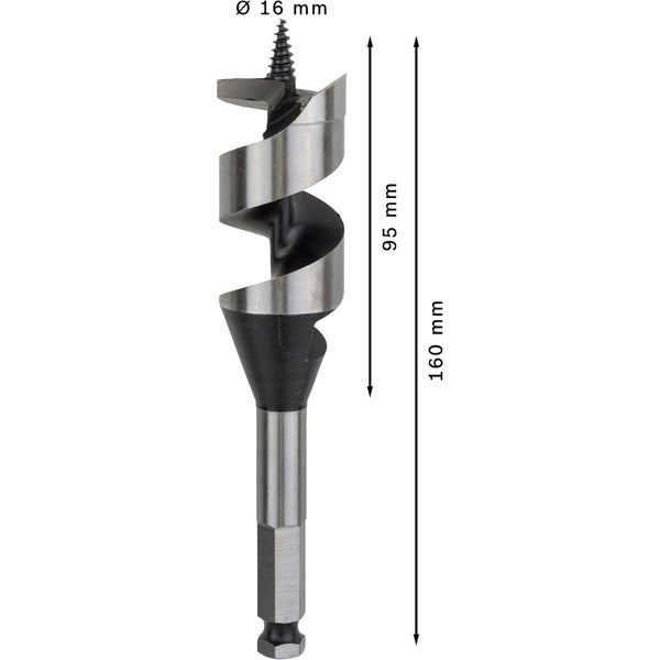 Holzbohrer mit 16 Millimeter Durchmesser und 160 Millimeter Länge.