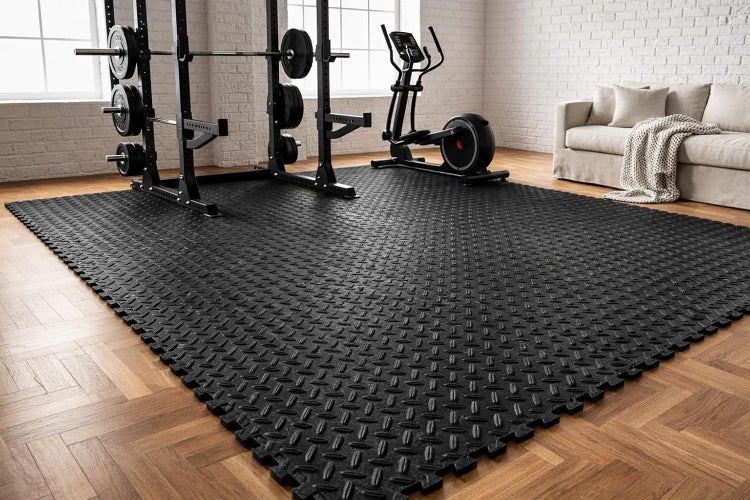Schwarze Bodenschutzmatte aus Gummi mit Stecksystem als Unterlage für Fitnessgerate in einem Wohnraum mit Holzboden