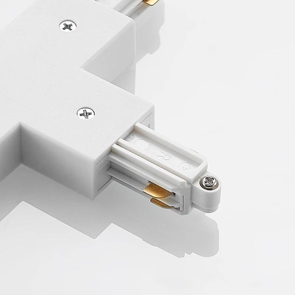 T-Verbinder in Weiß für Stromschienensystem, Kunststoff mit Metallkontakten und Schraubfixierung.