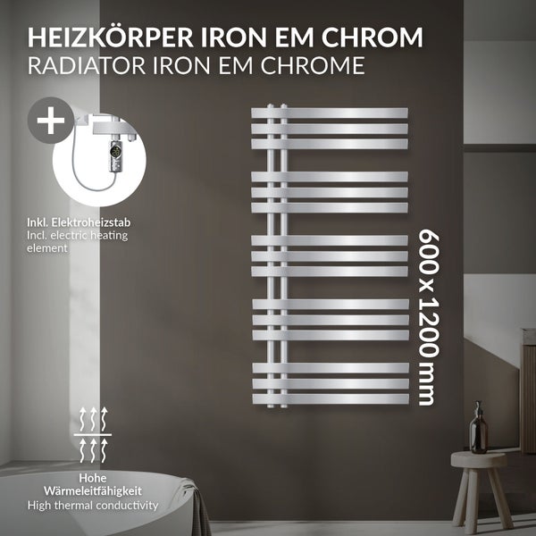 LuxeBath Elektrischer Badheizkörper IronEM 600x1200 mm Chrom mit Heizstab 1200W Thermostat Digitalanzeige, Handtuchheizkörper mit Heizpatrone, Elektro Handtuchwärmer Paneelheizkörper Designheizkörper