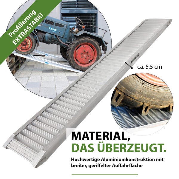 Technische Übersicht einer Aluminium Auffahrrampe mit Tragkraft, Gewicht, Abmessungen und Anwendungsbeispielen für Fahrzeuge.
