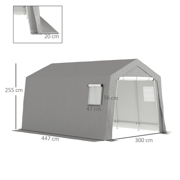 Outsunny Gerätehaus mit Satteldach wasserdicht Gerätezelt mit Türen, Fenster, Anti-Staub-Fahrradabdeckung, Foliengerätehaus Fahradgarage für Terrasse Garten, 300 x 447 x 255 cm, Hellgrau
