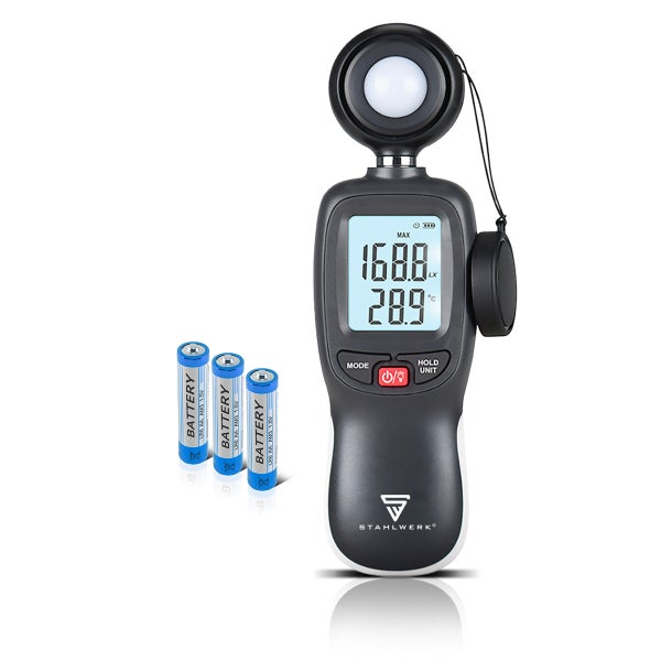 Digitales Luxmeter zur Lichtmessung mit drei Batterien und STAHLWERK Logo