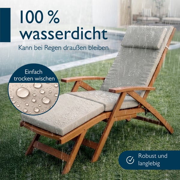 Auflage für Sonnenliegen mit abnehmbarem Kopf- und Fußteil sowie Maßen von 75, 45, 50 und 40 Zentimetern.